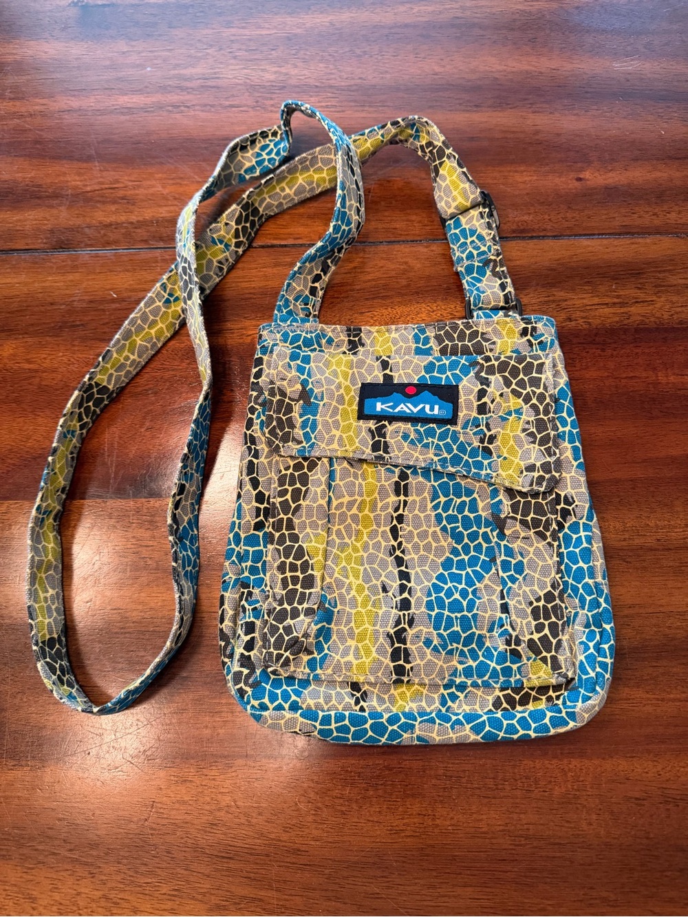 Kavu Small Crossbody in Blue, Yellow & Brown Mosaic Print